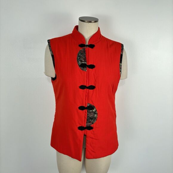Womens Red Asian Chinese Vest Manderin Collar Button Kung Fu Size 6 READ Binzhou - Picture 1 of 9